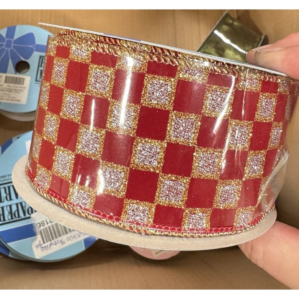 2 Rolls 2.5” X 10 Yards Red Silver Glitter Checkered Velvet Wired Holiday Ribbon